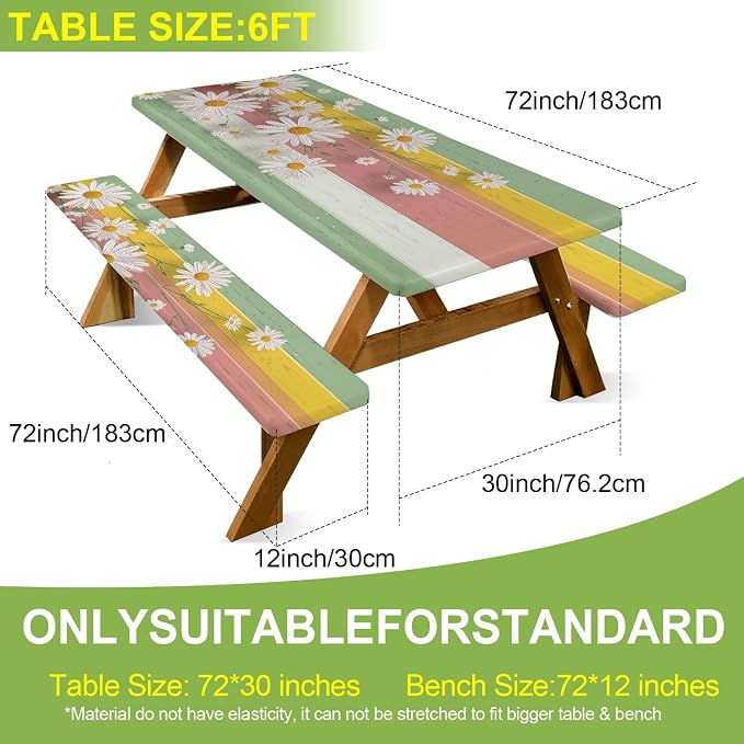 FOREVER QUEEN Picnic Table Cover with Bench Covers 72in,Waterproof Windproof Fitted Tablecloth,Spring Daisy Floral Camping Essentials with Drawstring Bag for Patio,Park & Backyard