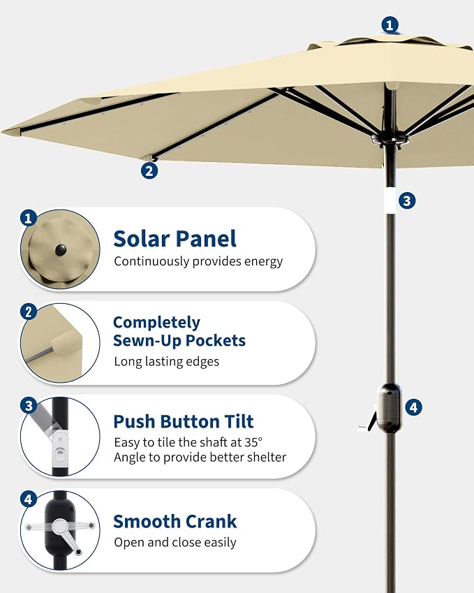 GarveeLife Patio Umbrella with Lights, 8 Ribs Outdoor Market Table Umbrella for Pool, Deck, Backyard (Beige, 9 ft)