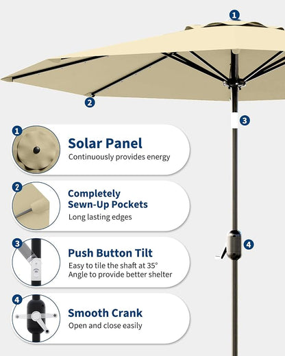 GarveeLife Patio Umbrella with Lights, 8 Ribs Outdoor Market Table Umbrella for Pool, Deck, Backyard (Beige, 9 ft)