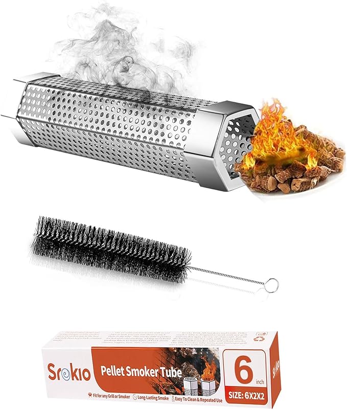 Smoke Tube for Pellet Smoker SROKIO 6 Inch Smoker Tube BBQ Stainless Steel for Pellet Smoker Hot or Cold Smoker Accessories, with Brush