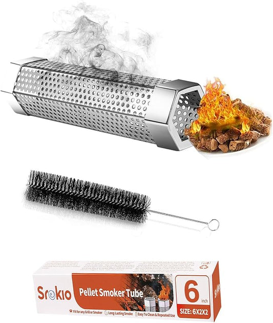 Smoke Tube for Pellet Smoker SROKIO 6 Inch Smoker Tube BBQ Stainless Steel for Pellet Smoker Hot or Cold Smoker Accessories, with Brush