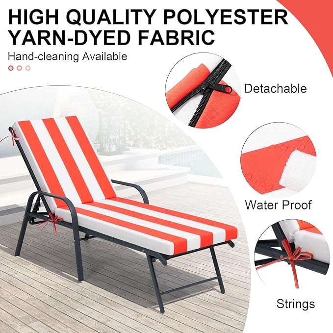 Crestlive Outdoor Chaise Lounge Cushions, 3 Years Fade Resistant Water Resistant Lounge Chair Cushion, 72''L x 21''W, Set of 2, Red Cabana Stripe
