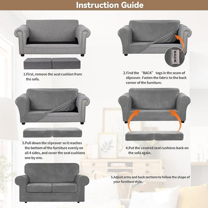 WEERRW Velvet Stretch 3 Pieces Couch Cover for Sofa Washable, Light Grey | Love Seat Couch Covers for 2 Cushion Couch Sofa Furniture Protector slipcoves with Elastic Bottom for Kids, Medium