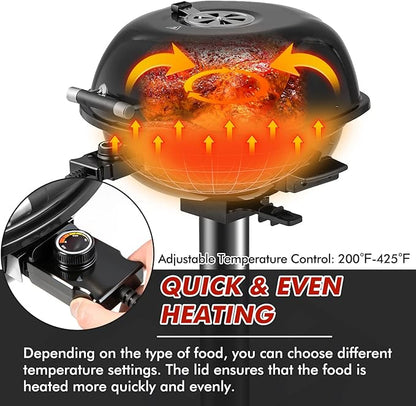 HAPPYGRILL Electric Grill Outdoor, 1600W Barbecue 15-Serving for Indoor & Outdoor Use, Portable Stand BBQ Grill for Cooking Patio Kitchen Garden (Black)
