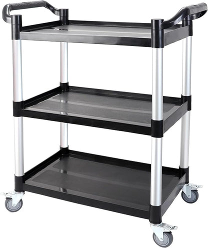 3-Tier Rolling Utility Cart with Wheels,4 Lockable Casters, Plastic Service Cart with 510lbs Capacity, Commercial Service Cart on Wheels for Restaurant/Office/Warehouse/Kitchen/School, Black