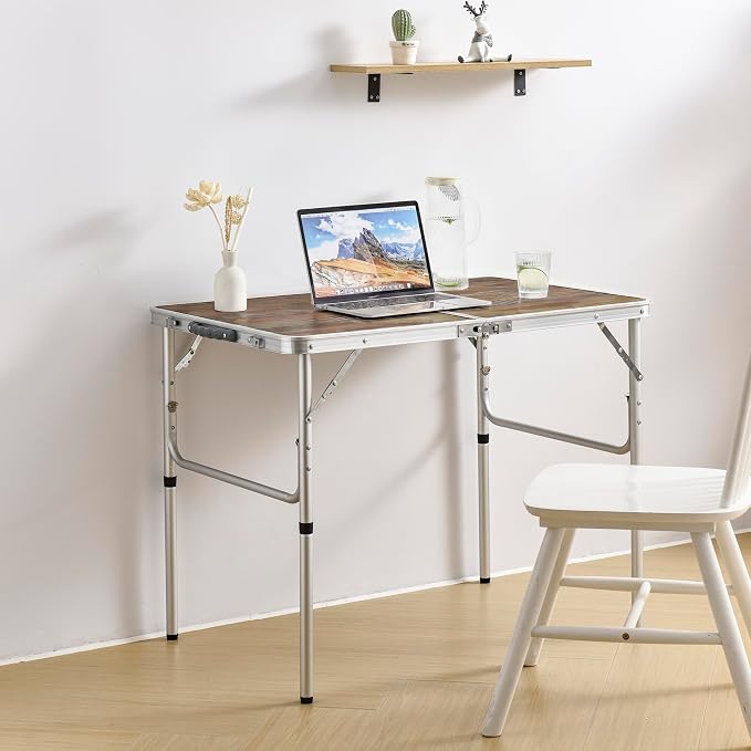 YUFIFAIRY Aluminum Camp Table, 36''L x24''W Folding Table Portable | Lightweight Foldable, Storage Net, Carry Handle, 2 Adjustable Height16"/28", For Indoor, Outdoor, Cooking, Picnic, Wood Grain