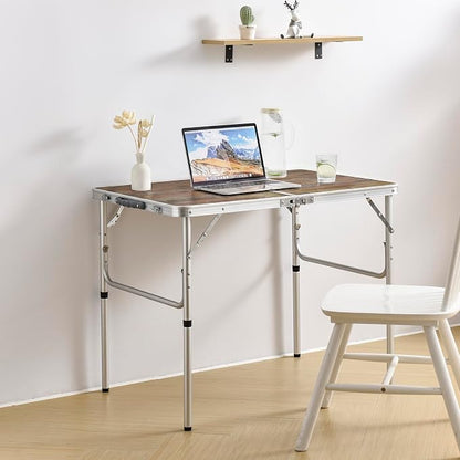 YUFIFAIRY Aluminum Camp Table, 36''L x24''W Folding Table Portable | Lightweight Foldable, Storage Net, Carry Handle, 2 Adjustable Height16"/28", For Indoor, Outdoor, Cooking, Picnic, Wood Grain
