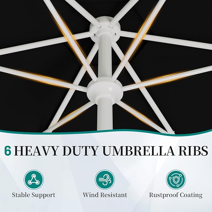 AreShark 7.5FT Outdoor Patio Umbrella with Wavy Trim (Black) | Market Table Umbrellas w/ 6 Sturdy Ribs, Crank & Tilt, White Pole, Pool Umbrella with UV-Fade Resistant Fabric, Heavy Frame