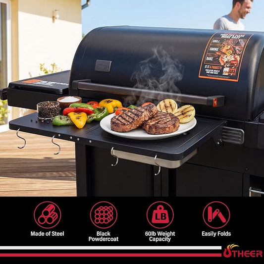 Utheer Upgraded Folding Front Shelf for Traeger Woodridge Pro, Woodridge Pro Plus, Woodridge Elite & Ironwood/Ironwood XL Pellet Grill, 28" BBQ Prep Table with Cutting Board, Basin & 4 Hooks