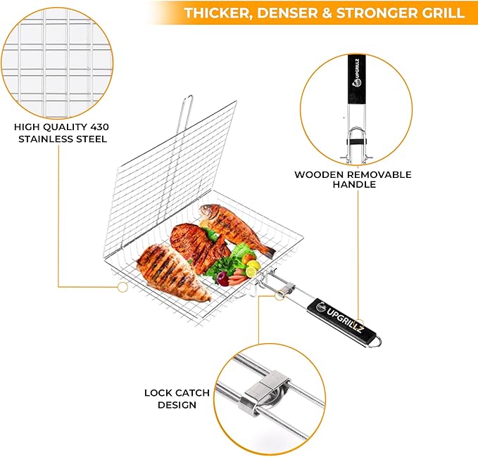 UPGRILLZ Fish Grill Baskets for Outdoor Grill Vegetables, Fish Grilling rack for Grill, BBQ Grilling Basket, Stainless steel Grill Basket for Veggies, shrimp Includes 5 Steel Skewers, Silicon Brush, and Carry Bag