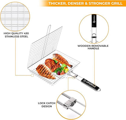 UPGRILLZ Fish Grill Baskets for Outdoor Grill Vegetables, Fish Grilling rack for Grill, BBQ Grilling Basket, Stainless steel Grill Basket for Veggies, shrimp Includes 5 Steel Skewers, Silicon Brush, and Carry Bag