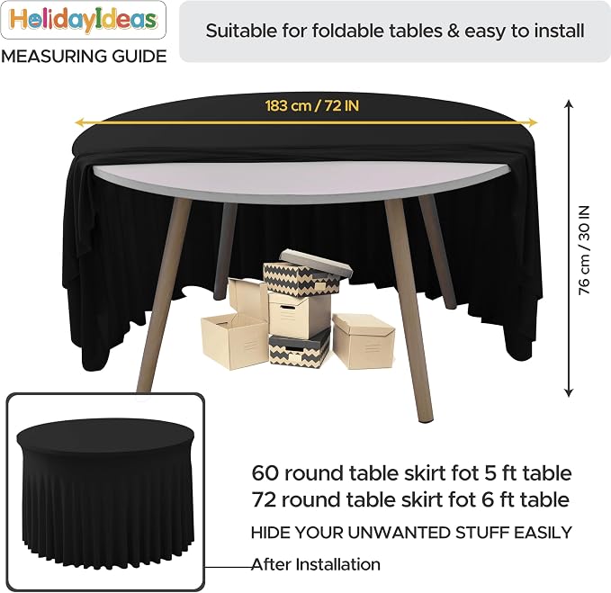 Fitted Black Spandex Table Skirts for Wedding Party,72 Inch Round,4 Pack | Spandex Table Covers, For 6 Ft Wedding Cake Tables, Wrinkle Resistant, Ruffle Design Banquets, Baby Showers, Parties