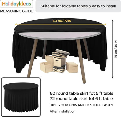 Fitted Black Spandex Table Skirts for Wedding Party,72 Inch Round,4 Pack | Spandex Table Covers, For 6 Ft Wedding Cake Tables, Wrinkle Resistant, Ruffle Design Banquets, Baby Showers, Parties