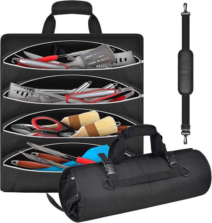 Grill Tool Accessory Storage Bag Roll Up, BBQ Tools Carry Orangizer Case for Grilling Utensil, Large Oxford Cloth Griddle Classifiable Holder for Outdoor Camping Barbecue Hiking Picnic Trip(Box Only)
