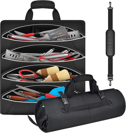 Grill Tool Accessory Storage Bag Roll Up, BBQ Tools Carry Orangizer Case for Grilling Utensil, Large Oxford Cloth Griddle Classifiable Holder for Outdoor Camping Barbecue Hiking Picnic Trip(Box Only)