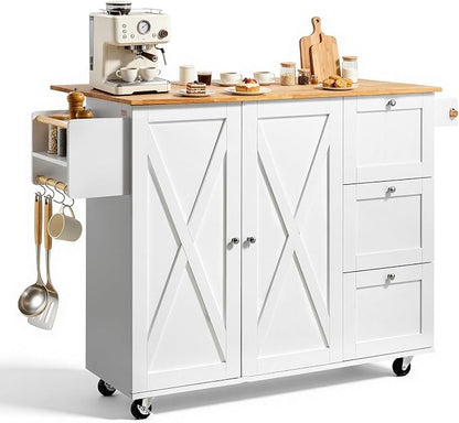 VEVOR Kitchen Island Cart, 45.3x39 inch Rolling Kitchen Table, Mobile Carts with Storage Cabinet and Solid Wood Top, Portable Islands with Wheels, Spice Rack, Towel Rack, Drop Leaf and Drawer, White