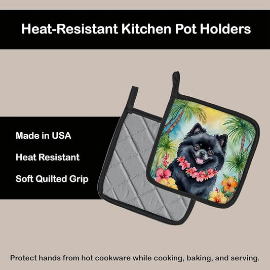 Caroline's Treasures Pomeranian Luau Pair of Pot Holders Kitchen Heat Resistant Pot Holders Sets Oven Hot Pads for Cooking Baking BBQ, 7 1/2 x 7 1/2