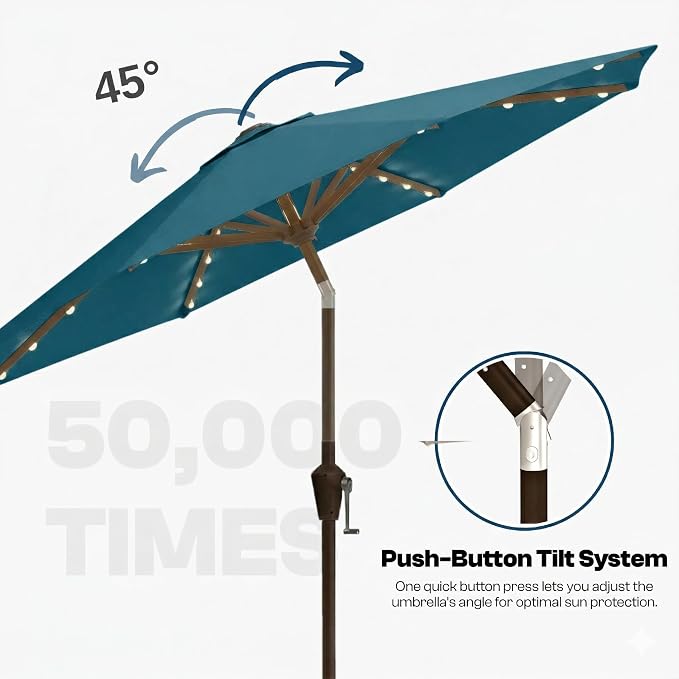 10FT Solar Lighted Patio Umbrella, Outdoor Table Market Umbrellas with Push Button Tilt and Crank, 32 LED Lights, 8 Sturdy Ribs, UV-Resistant for Deck, Garden, Pool