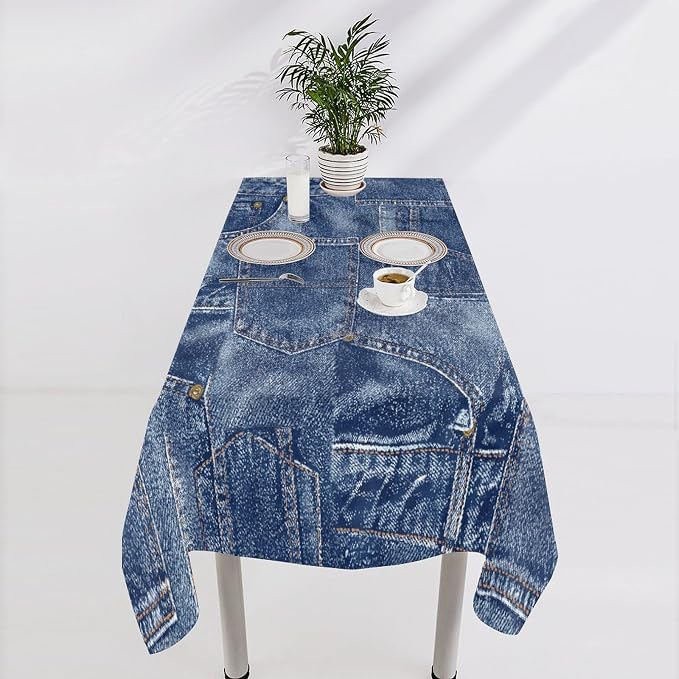Denim Patchwork Print Style Tablecloth, Fashionable Denim Pattern Design (Not Denim Fabric) Water Resistant Table Cover for Farmhouse Picnic Party Holiday Kitchen Dinner Table 60"x110"