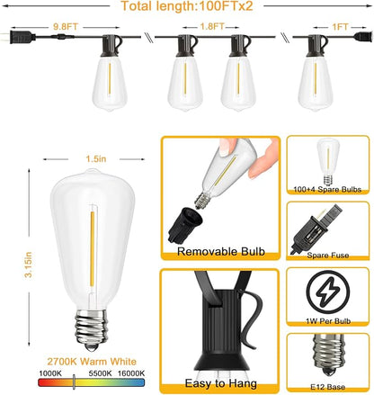 Svater 200 FT Outdoor String Lights Waterproof for Outside Patio 104 Bulbs | Shatterproof ST38 Dimmable LED Light, Hanging Lighting For Bistro Cafe Market Backyard, ETL Listed 2700K (100 FT * 2)