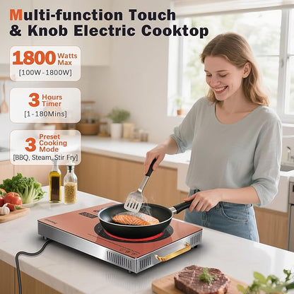 Single Burner Electric Cooktop, Protable Electric Stove with Handle, 1800W One Burner Ceramic Stove top for Dorm, Home, RV, Child Lock, Timer, Steam, BBQ, Stir Fry,110V - 120V Plug in, Orange
