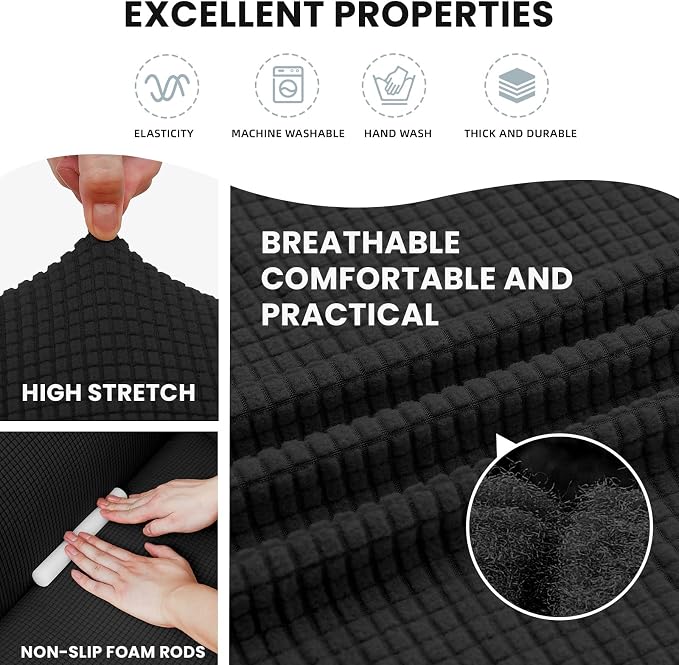 LURKA Stretch Loveseat Couch Cover, 1 Piece 2 Cushion Sofa Slipcover, Black | Soft Stretch Jacquard, Fits 55"-78" Loveseats, Elastic Bottom for Secure Fit, Machine Washable, Pet & Kid Friendly