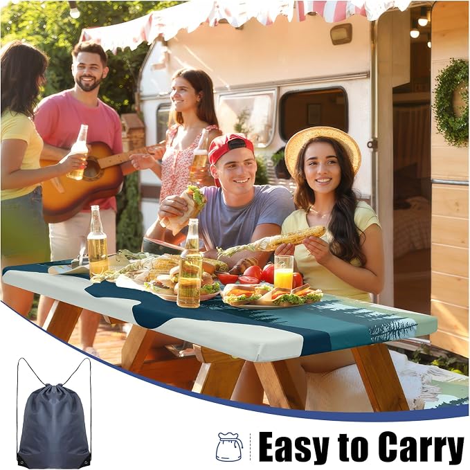 Smiry Picnic Table Cover with Bench Covers, Waterproof Elastic Fitted Tablecloth for 5 Foot Tables, Washable Polyester Tablecloths for Camping, Indoor & Outdoor (Green Blue, 30x60 Inch 3-pc Set)