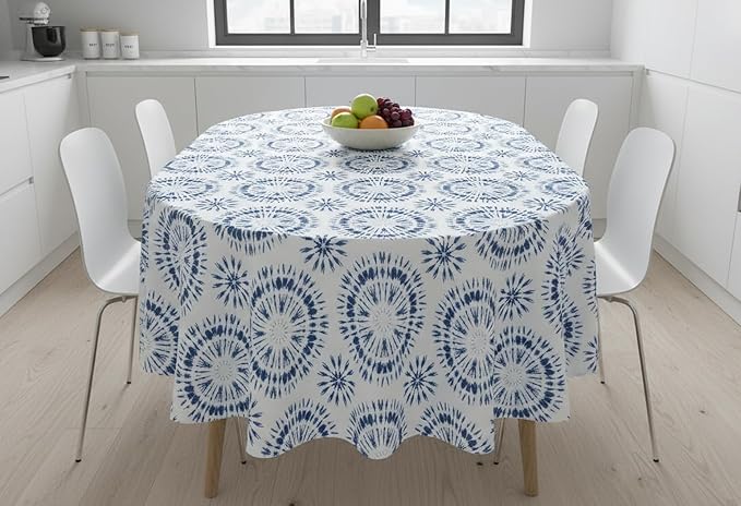 Newbridge Blue Tie Dye Vinyl Tablecloth, 60 x 84 Inch Oval – Flannel Backed Blue and White Table Cover for Dining, Picnics, BBQs, and Parties