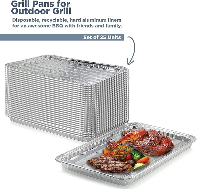 Grill Liners Disposable Aluminum | 25-Pack Grill Pans for Outdoor Grill | BBQ Broiler Pans | Grilling Trays | Grill Drip Pan | Tray Liner Set of 25 | Grill Pan for Veggies Outdoor Grill