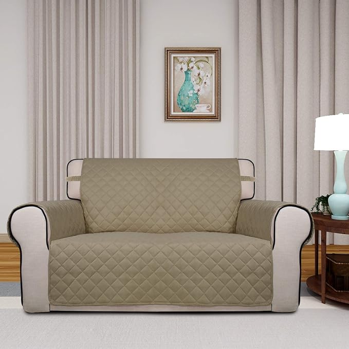 PureFit Reversible Quilted Sofa Cover, Water Resistant Medium Slipcover Furniture Protector, Washable Couch Cover with Non Slip Foam and Elastic Straps for Kids, Dogs, Pets (Loveseat, Beige/Beige) | Beige/Beige, Water Resistant Couch Protector, Washabl...