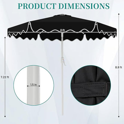 AreShark 9FT Outdoor Patio Umbrella with Wavy Trim (Black) | Market Table Umbrellas w/ 6 Sturdy Ribs, Crank & Tilt, White Pole, Pool Umbrella with UV-Fade Resistant Fabric, Heavy Frame