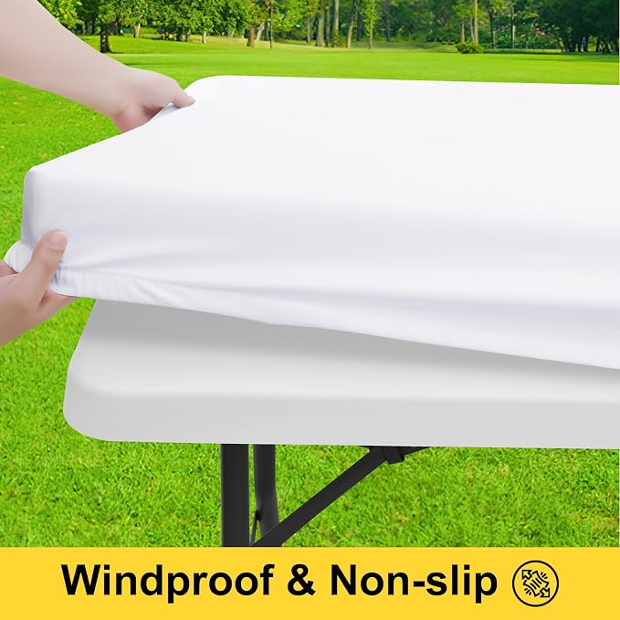 Smiry Picnic Table Cover with Bench Covers, Waterproof Elastic Fitted Polyester Tablecloths for 8 Ft Rectangle Tables, Washable Windproof Tablecloth for Camping, RV & Outdoor (White, 30x96 Inches)