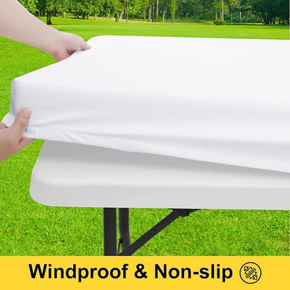 Smiry Picnic Table Cover with Bench Covers, Waterproof Elastic Fitted Polyester Tablecloths for 8 Ft Rectangle Tables, Washable Windproof Tablecloth for Camping, RV & Outdoor (White, 30x96 Inches)