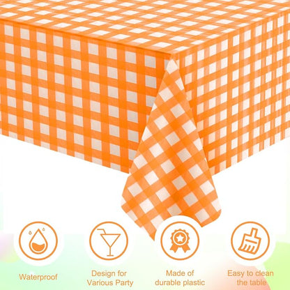 6Pcs Orange Gingham Tablecloths, Fall Checkered Table Covers 54x108 In | Orange and White Checkered Tablecloths Disposable Waterproof for Fall Picnic Halloween Barbecue Birthday Outdoor Party