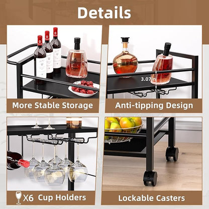 Joaxswe Bar Cart,Home Bar Serving Cart with Storage Shelves, 2 Tier Rolling Beverage Cart with Wheels, Modern Wine Cart with Wine Rack and Glass Holder for Kitchen, Living Room,Dinning Room,Black | 2 Tier Rolling Beverage Cart,Modern Wine Cart w/ Wine ...