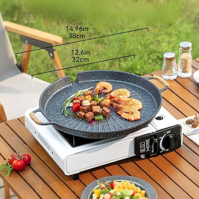 Korean Style 12.6in Grill Pan Non-stick Maifan Coated Smokeless Griddle Pan Compatible for Induction, Gas Stove, Electric Cooktop Stovetop Plate Indoor or Outdoor BBQ (Round)