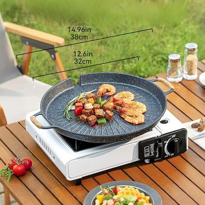 Korean Style 12.6in Grill Pan Non-stick Maifan Coated Smokeless Griddle Pan Compatible for Induction, Gas Stove, Electric Cooktop Stovetop Plate Indoor or Outdoor BBQ (Round)