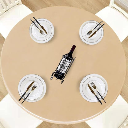 LUSHVIDA Round Waterproof Table Cover Elastic Vinyl Fitted Tablecloth Elastic Edged Plastic Table Cloth (Champagne, Best for Up to 45-56 Inch Round)