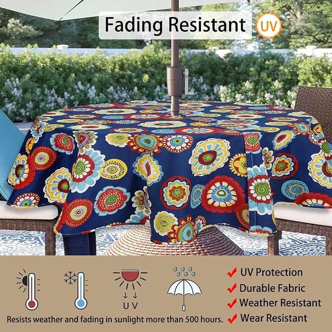 60" Round Tablecloth with Umbrella Hole and Zipper, Washable Waterproof Wrinkle Free Zippered Patio Table Cloths Table Covers for Spring, Summer, Party, Backyard, Picnic, BBQS (Floral Navy)