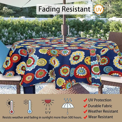 60" Round Tablecloth with Umbrella Hole and Zipper, Washable Waterproof Wrinkle Free Zippered Patio Table Cloths Table Covers for Spring, Summer, Party, Backyard, Picnic, BBQS (Floral Navy)