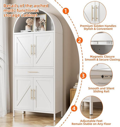 72.8" White Metal Arched Pantry Cabinet with Drawer, Tall Kitchen Storage Cabinet with 3 Adjustable Shelves, Door Storage, Magnetic Closure & Anti-Tip Kit, White, Assembly Required