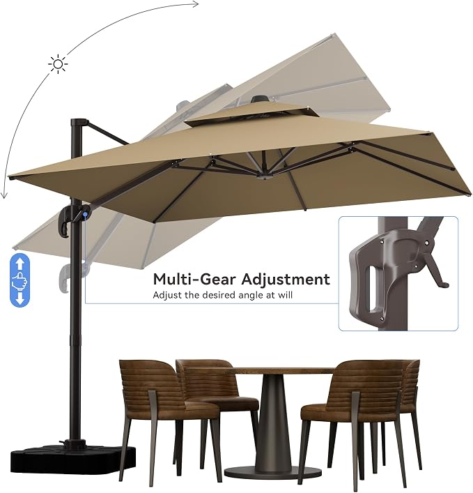 10x10FT Cantilever Outdoor Patio Umbrellas，Double Top Large Square Umbrella Heavy Duty 360°Rotation Offset Outdoor Sun Shade Umbrella for Garden Deck Pool Backyard Patio, Brown