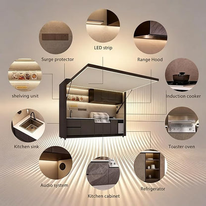 Prefab Outdoor Kitchen Pod Kits with Roof, Luxury Modular Island with Sink, Grill, Storage Cabinet, Burners, Refrigerator, Backyard Patio Cooking Station