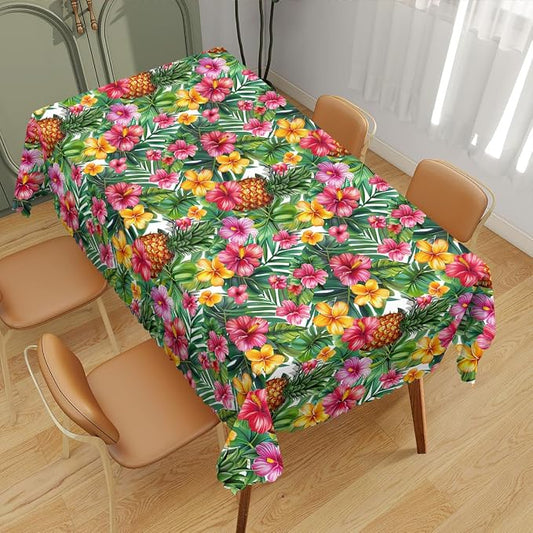 Hawaiian Decorative Rectangle Table Cloth Tropical Flower Pineapple Palm Leaves Rectangle Table Cloth Kitchen Table Decorations for Home Dinner Party 52" x 70" 4-6 Seats