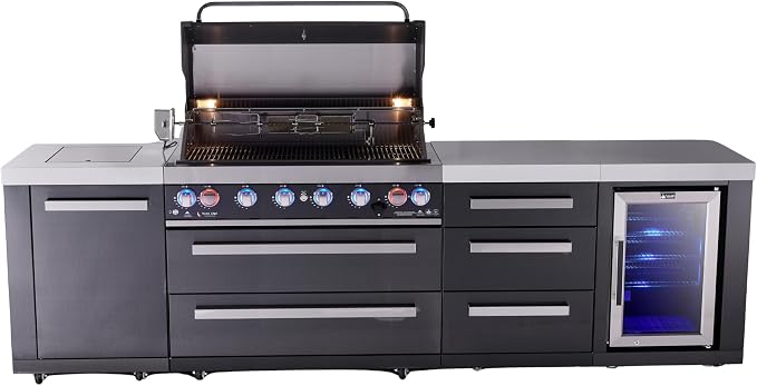 Mont Alpi 119"W x 23"D x 46"H Black Stainless Steel Outdoor Kitchen Island with Refrigerator + 44"W 6-Burner BBQ Gas Grill + Granite Countertops + Storage Cabinets + Drawers + Rotisserie Kit + Cover