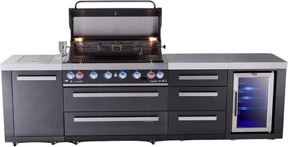 Mont Alpi 119"W x 23"D x 46"H Black Stainless Steel Outdoor Kitchen Island with Refrigerator + 44"W 6-Burner BBQ Gas Grill + Granite Countertops + Storage Cabinets + Drawers + Rotisserie Kit + Cover