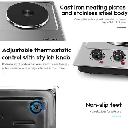 CUSIMAX 1800W Double Hot Plate, Stainless Steel Silver Countertop Burner Portable Electric Double Burners Electric Cast Iron Hot Plates Cooktop, Easy to Clean, Upgraded Version C180N