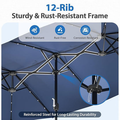 HOPERAN 15FT Patio Umbrella with Base Included, Large Outdoor Double-Sided Rectangle Table Umbrella with Easy Crank Lift, Market Umbrella for Backyard, Pool&Garden