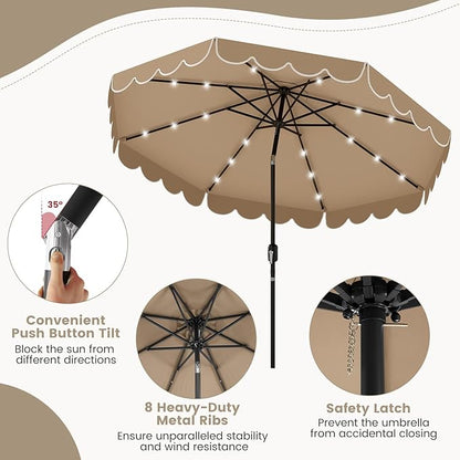 Tangkula 9 FT Solar Patio Umbrella, 2-Tiers Scalloped Outdoor Table Market Umbrella with 32 LED Lights, Vented Top, Tilt Adjustment, Crank, 8 Ribs for Backyard Poolside Deck Beach Lawn (Coffee)