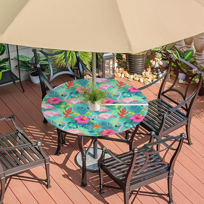 Tropical Flamingo Outdoor Round Fitted Tablecloth with Umbrella Hole and Zipper, 36"-44" Elastic Patio Table Cloth Oil-Proof Waterproof Patio Table Cover for Picnic Party Camping
